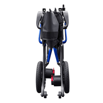 Forcemech G20 PRO folded carbon fiber electric wheelchair standing upright with compact travel design