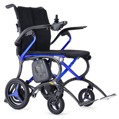 Angled view of Forcemech G20 PRO carbon fiber electric wheelchair with joystick control and compact frame