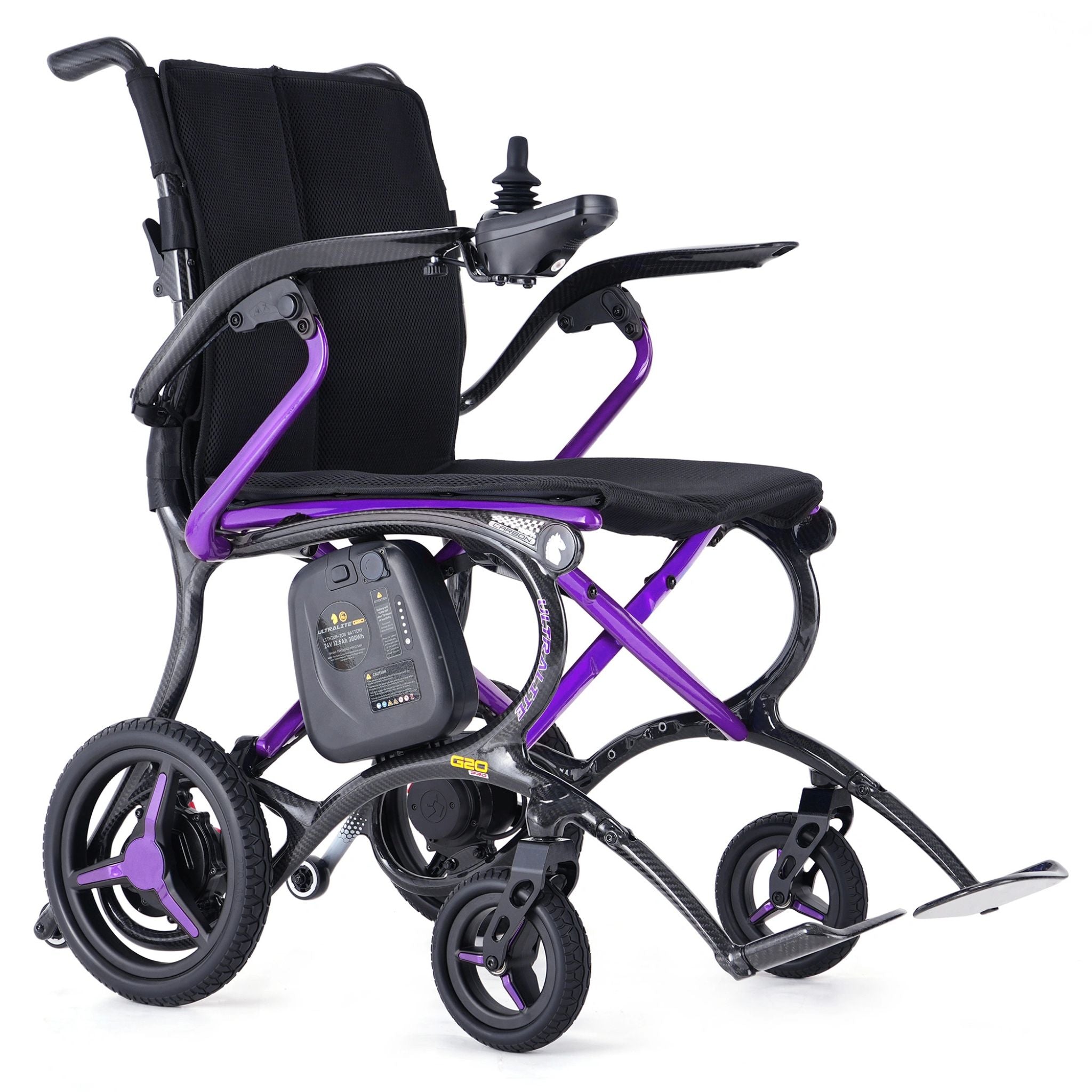 Purple Forcemech G20 PRO folding electric wheelchair with carbon fiber frame and removable lithium battery