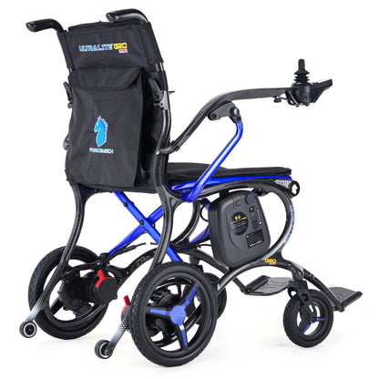 Lightweight G20 PRO carbon fiber power wheelchair with removable battery and rear storage pouch by Forcemech