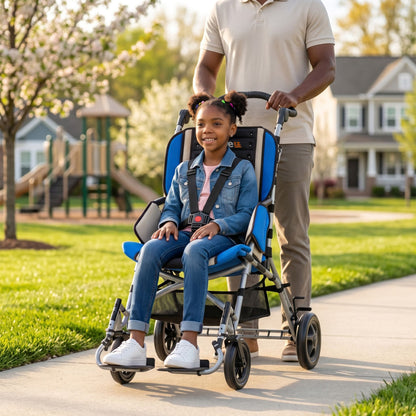 Smiling girl seated in a blue Circle Specialty Strive EZ adaptive stroller with 5-point harness, pushed by her father past a playground