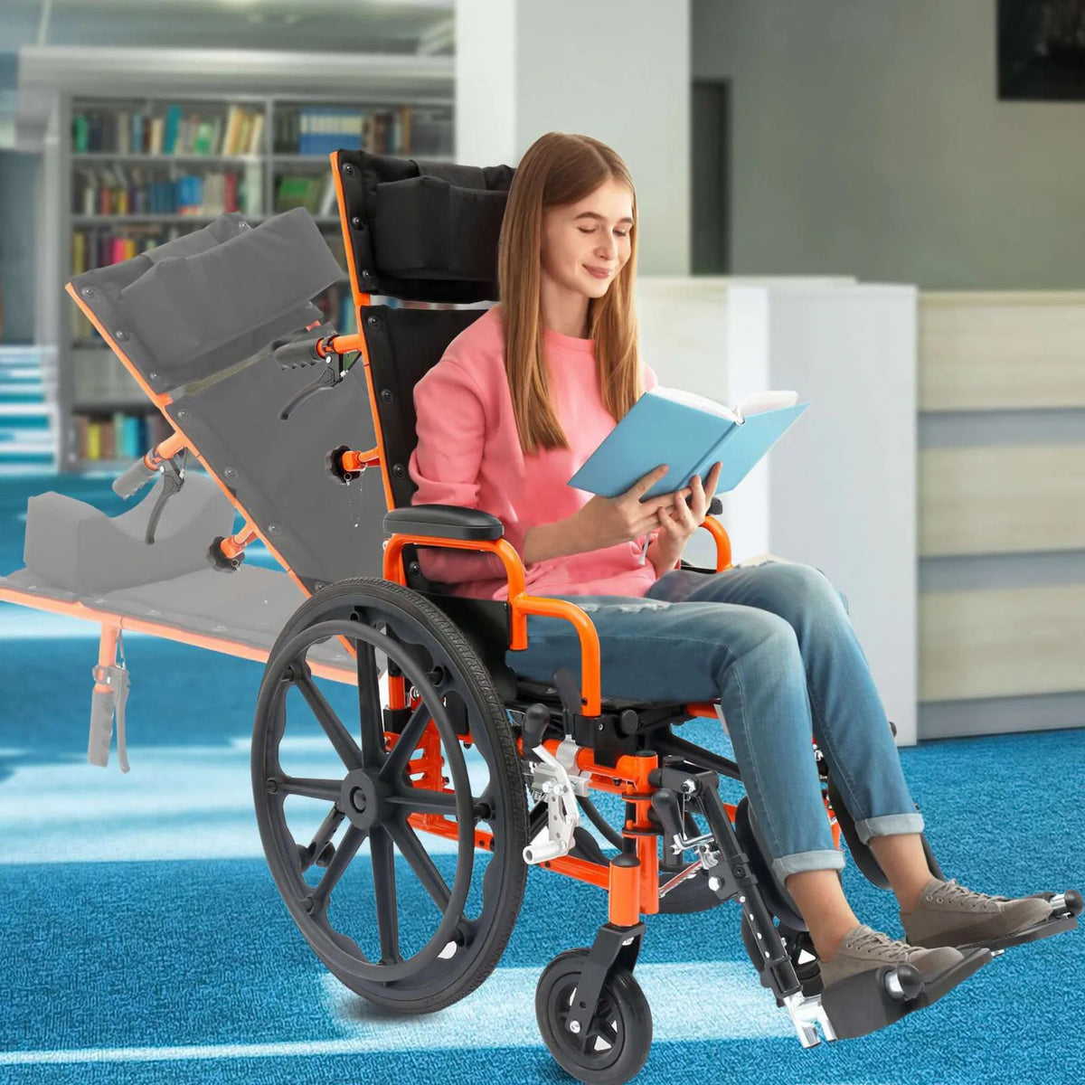 Girl reading a book in an orange Ziggo Pro reclining wheelchair, with a faded overlay showing the backrest reclined fully flat