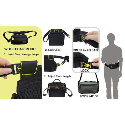 Step-by-step guide showing FEELDOM MODU-Satchel wheelchair attachment process and conversion from wheelchair mode to shoulder bag mode