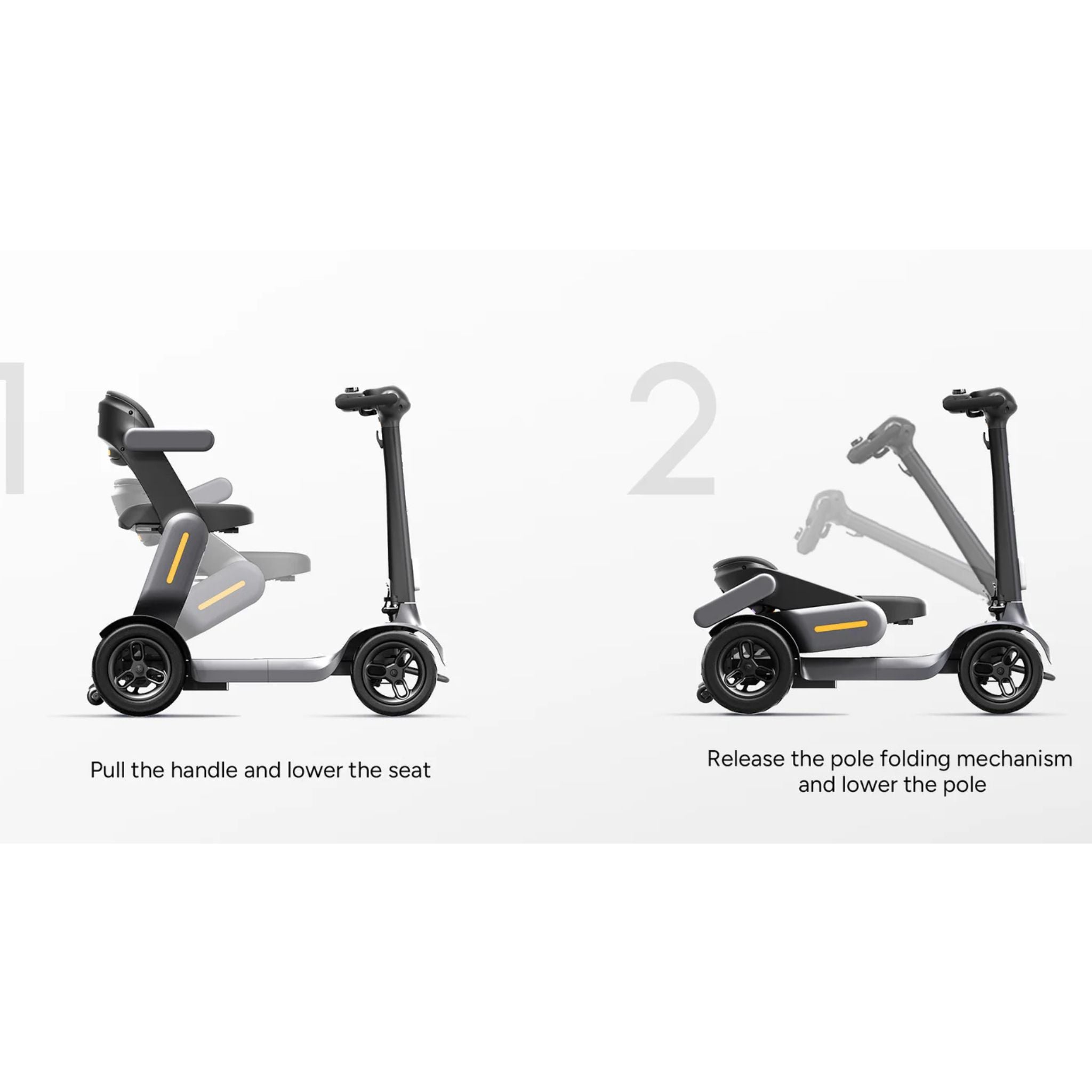 Step-by-step illustration showing the two-step folding process for the Paiseec S3 mobility scooter by lowering the seat and folding the tiller for compact storage.
