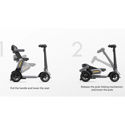 Step-by-step illustration showing the two-step folding process for the Paiseec S3 mobility scooter by lowering the seat and folding the tiller for compact storage.