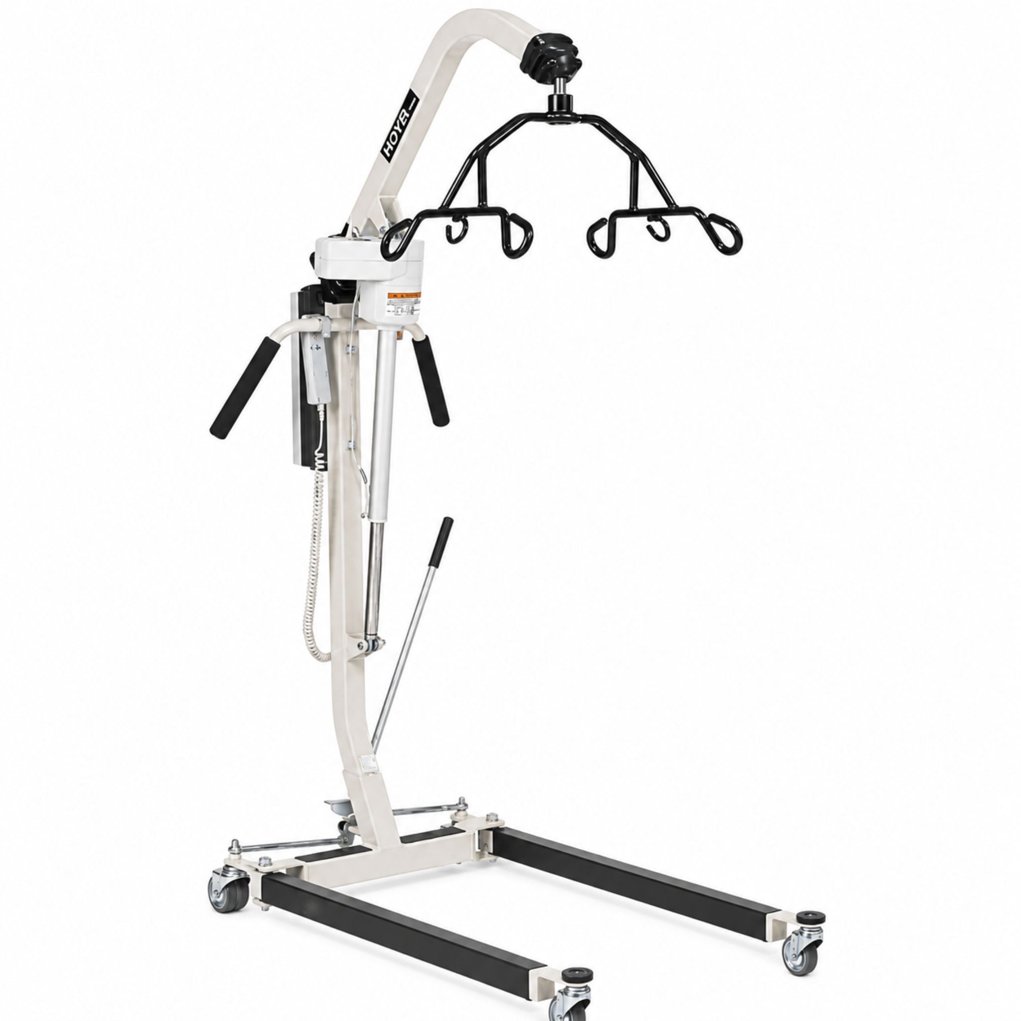 Clean studio product image of the Hoyer HPL402 powered patient lift featuring electric boom operation, adjustable base legs, ergonomic caregiver handles, and full-body patient transfer capability for homecare and clinical use.