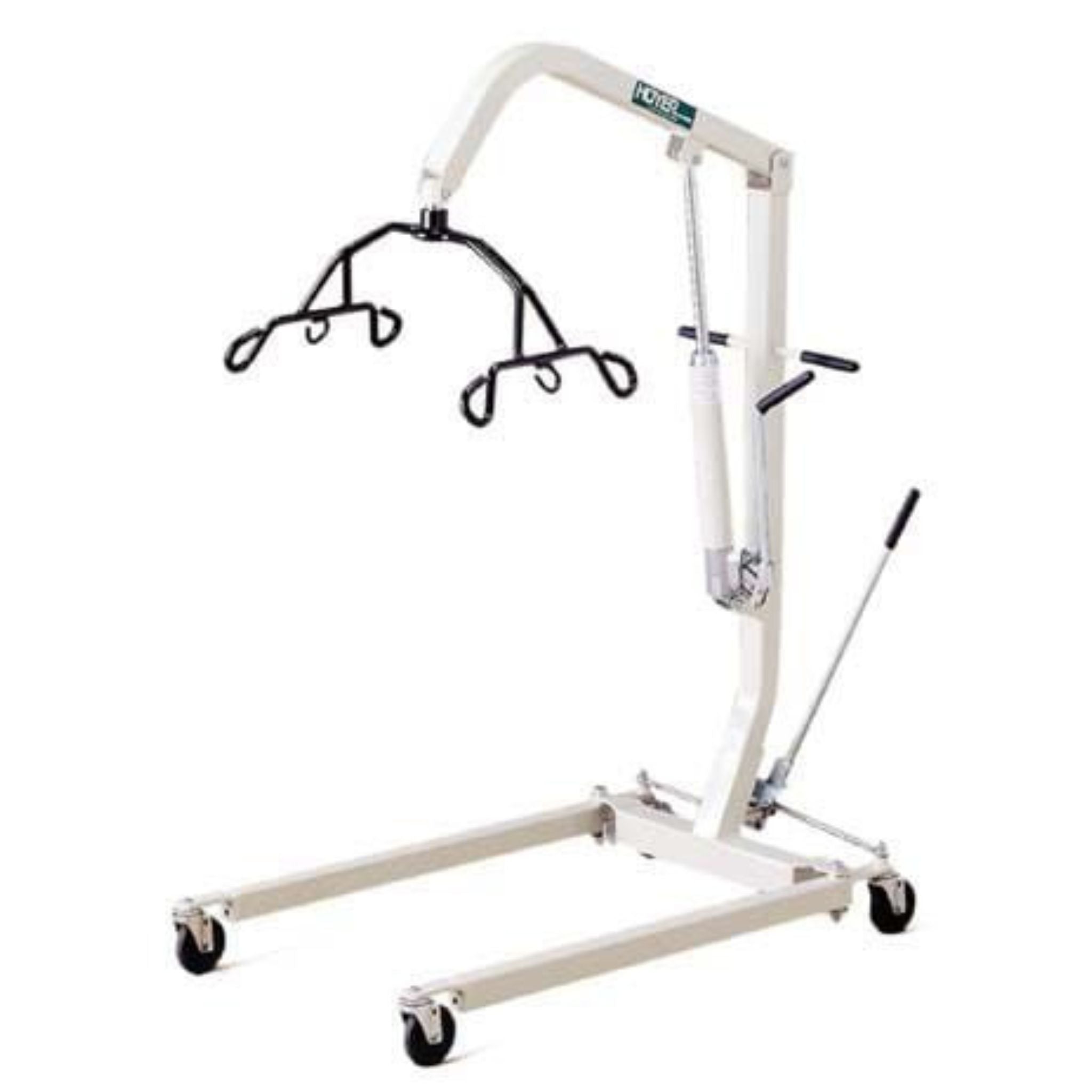 Hoyer hydraulic patient lift shown at an angle with the boom raised and six-point spreader bar cradle