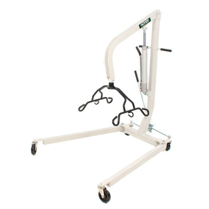 Front angled view of a Hoyer hydraulic patient lift with cradle, hydraulic pump, and adjustable base