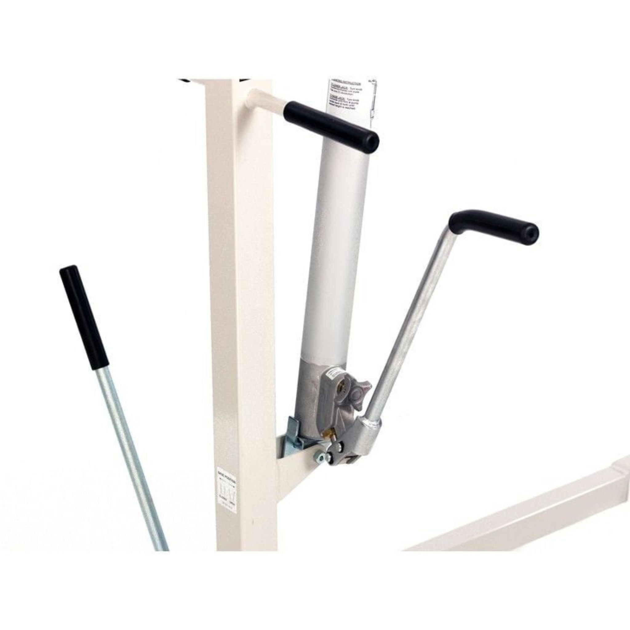 Close-up of the hydraulic hand pump, pump handle, and release lever on a Hoyer patient lift