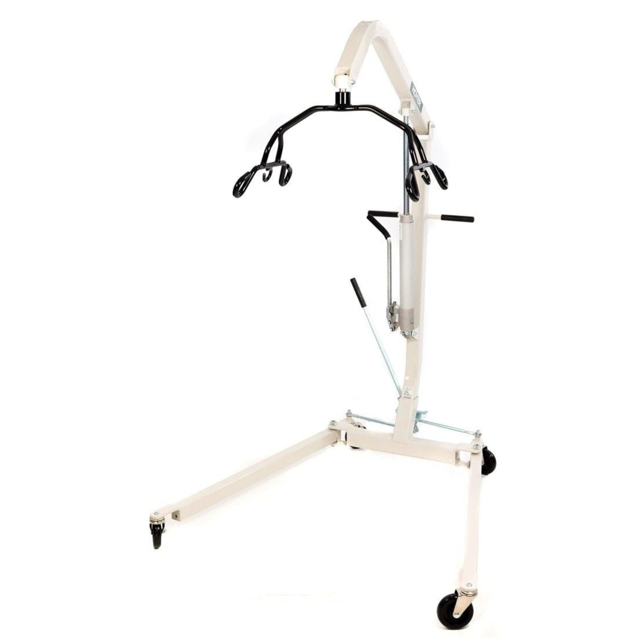 Hoyer hydraulic patient lift with the boom and six-point cradle raised high above the caster base