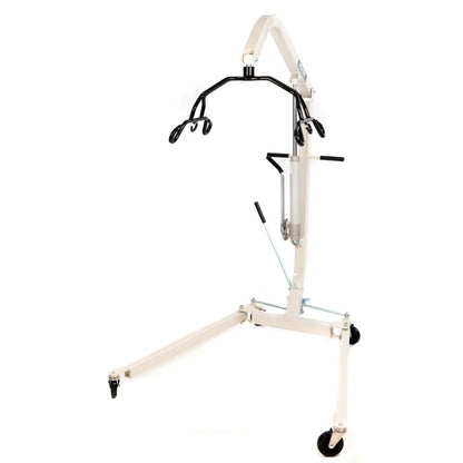 Hoyer hydraulic patient lift with the boom and six-point cradle raised high above the caster base