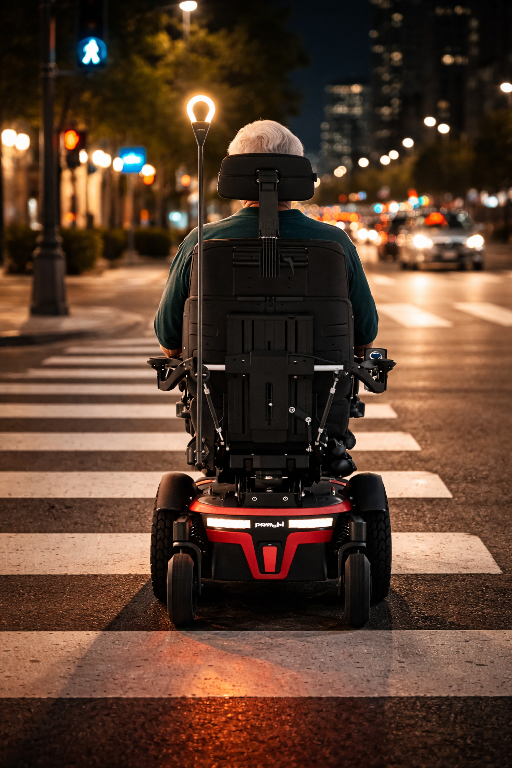 Power wheelchair using the Innovative Independence Sol safety light while crossing a city street at night to increase visibility for drivers and pedestrians.