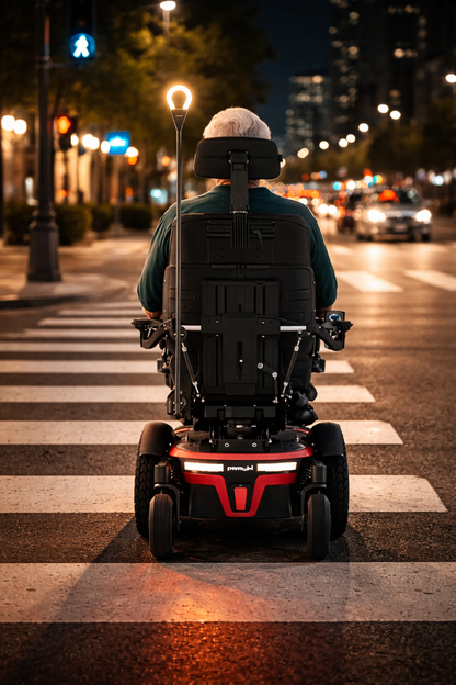 Power wheelchair using the Innovative Independence Sol safety light while crossing a city street at night to increase visibility for drivers and pedestrians.