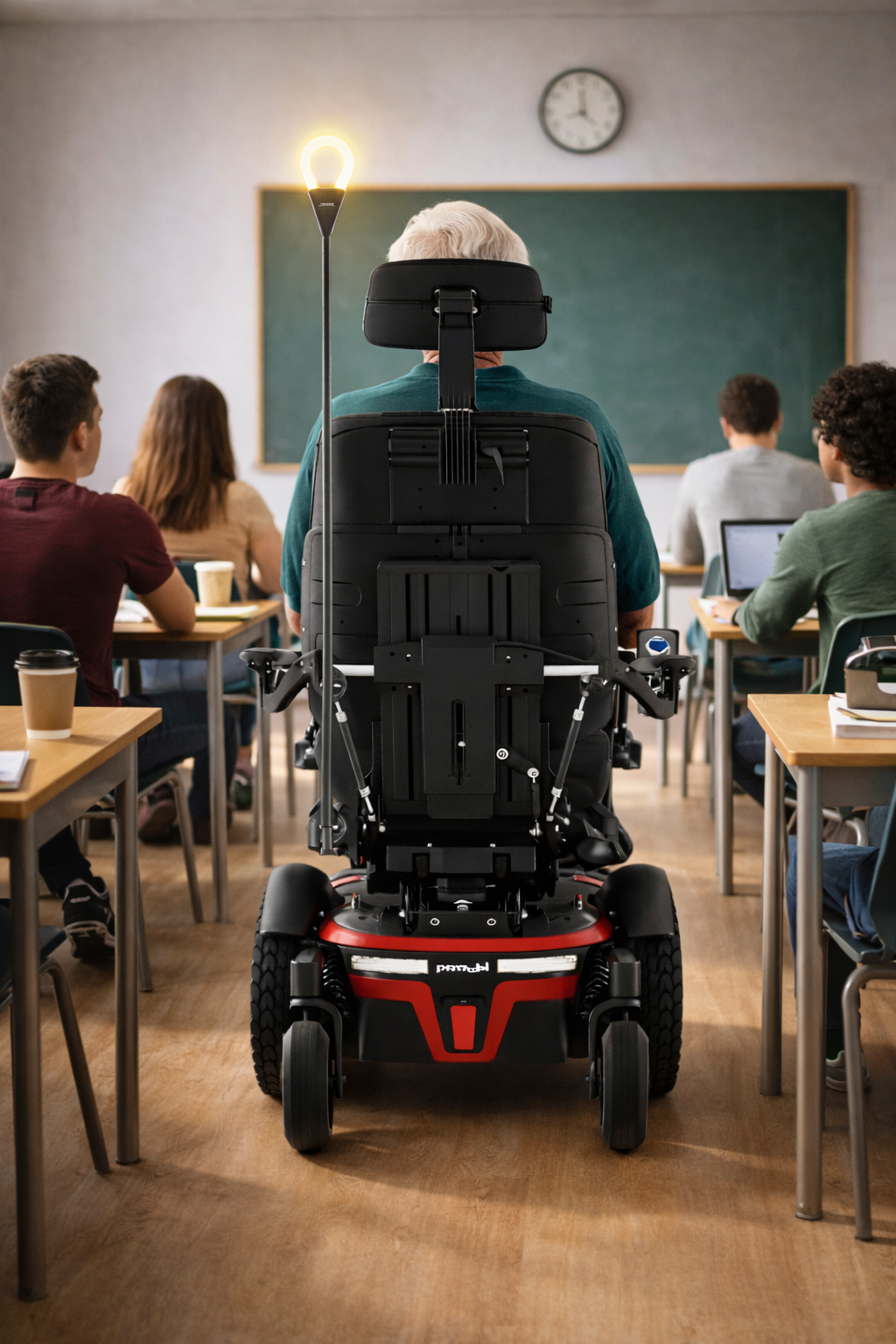 Power wheelchair equipped with the Innovative Independence Sol safety light in a classroom, helping users stay visible and communicate more easily in educational settings.