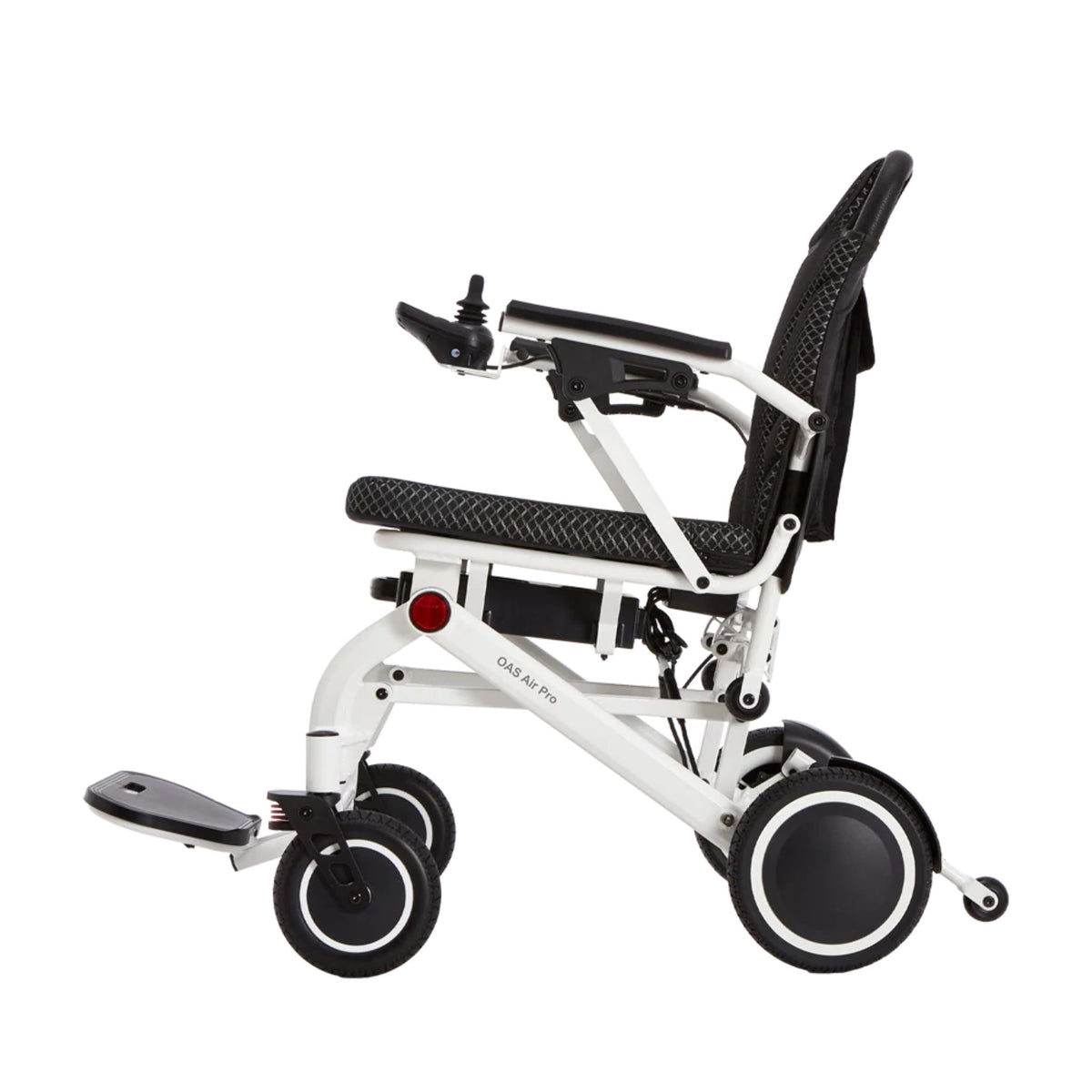 oas-air-pro-2027-ivory-side-view-left
Alt text: OAS Air Pro 2027 folding electric wheelchair in Ivory, left side view showing aluminum frame, armrest and dual front suspension