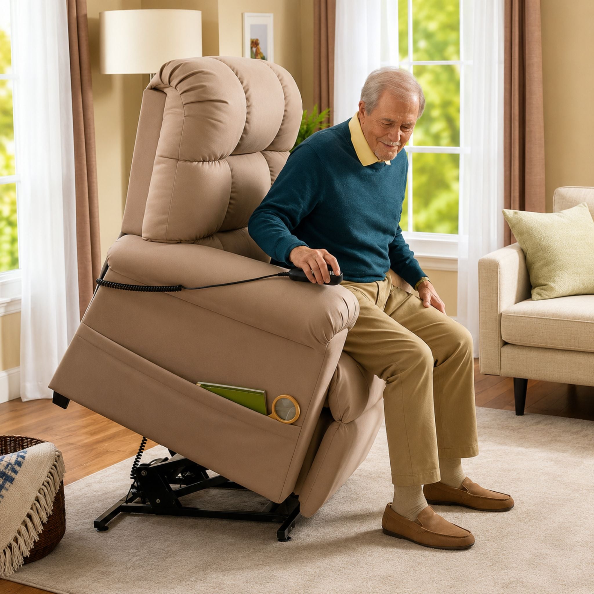 Journey Perfect Sleep Chair raised in lift position helping user transition from sitting to standing