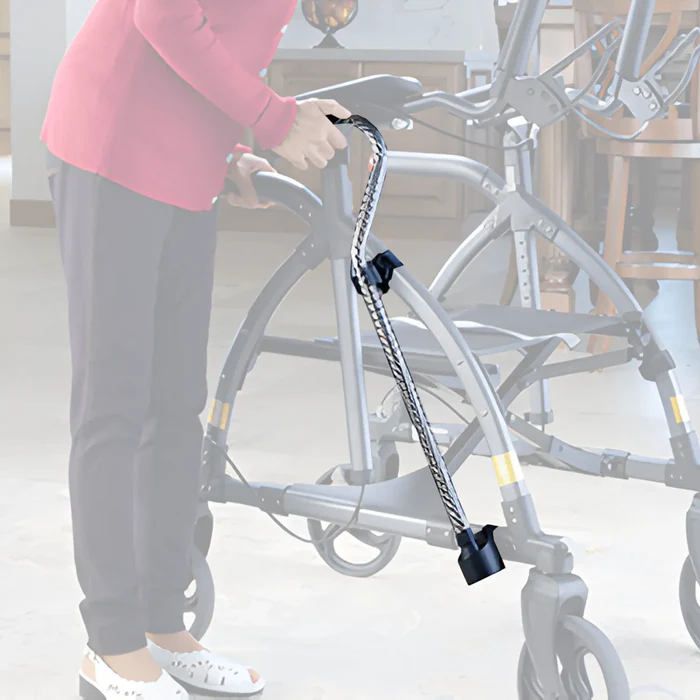 Journey UPWalker Cane & Umbrella Holder securely carrying a walking cane on an upright rollator for hands-free mobility