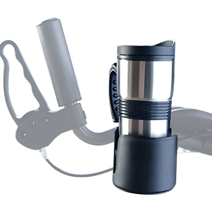 Journey UPWalker cup and beverage holder securely holding a stainless steel travel mug on an upright walker