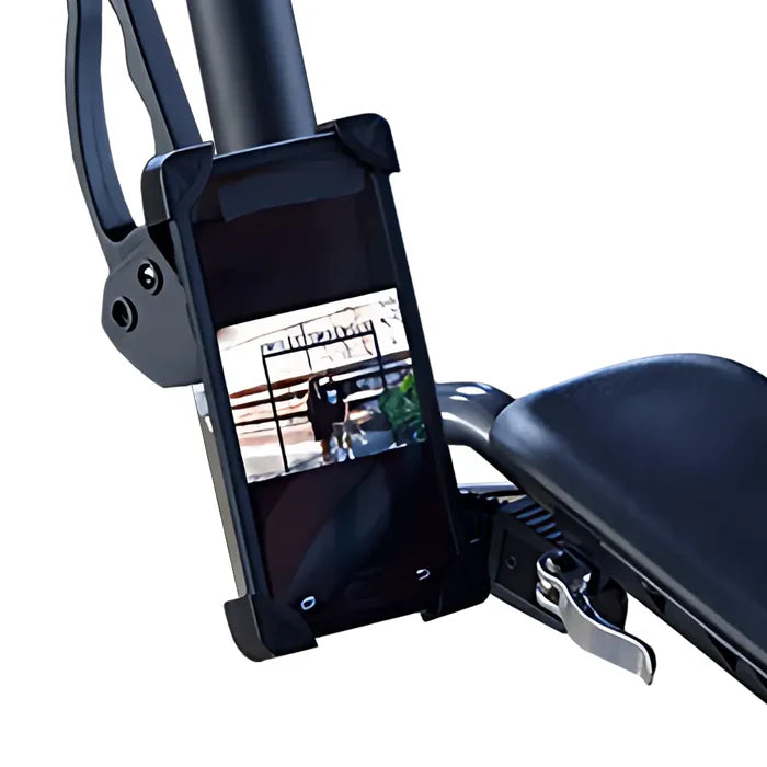 Journey UPWalker Smartphone Holder securely mounted to an upright walker displaying a smartphone for hands-free navigation and communication