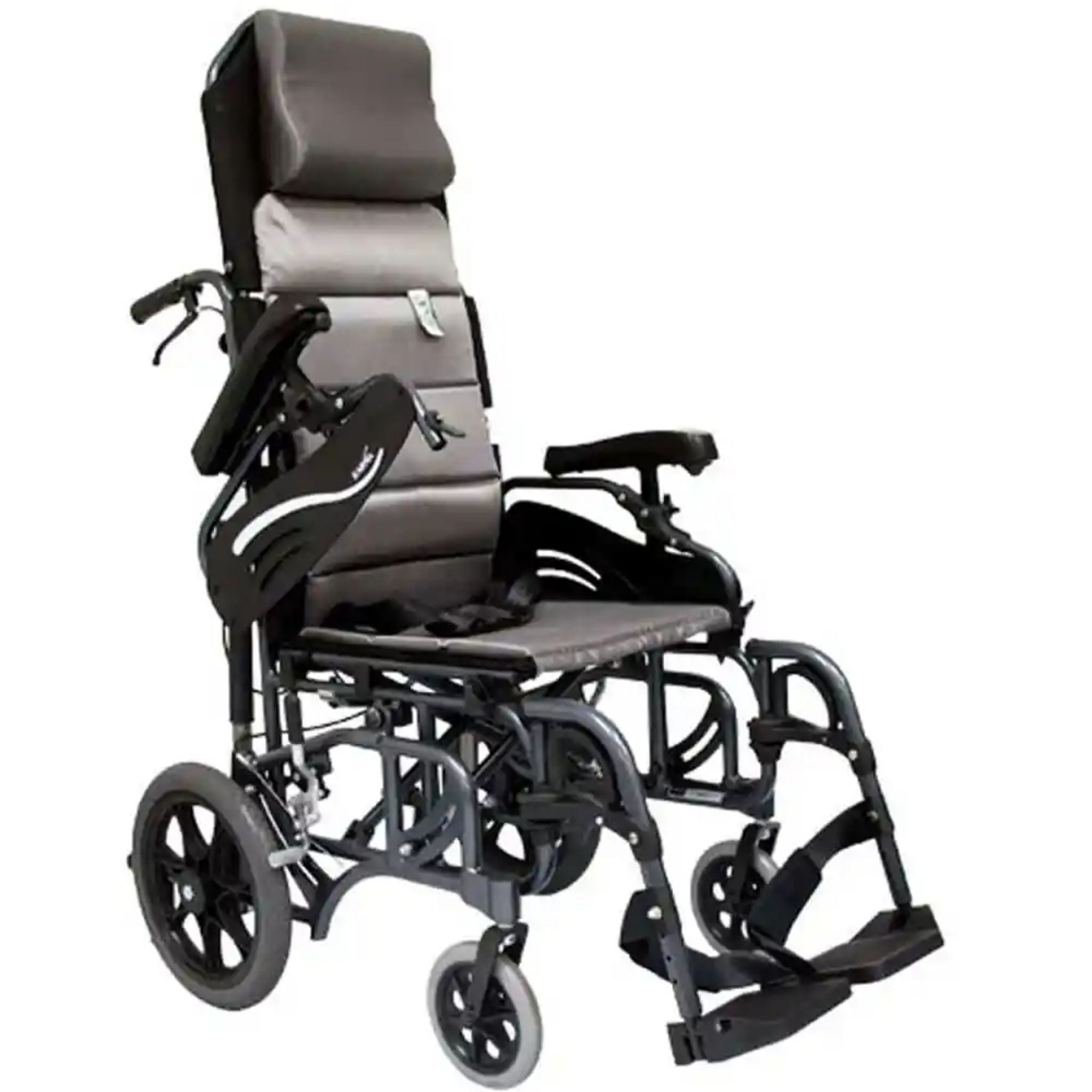 Karman VIP-515-TP tilt-in-space reclining wheelchair with padded headrest, elevated leg rests, and caregiver push handles shown in gray upholstery on a white background
