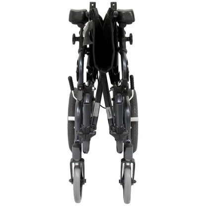 Front view of the folded Karman VIP-515 manual propel tilt-in-space wheelchair showing compact folding frame for transport and storage on a white background