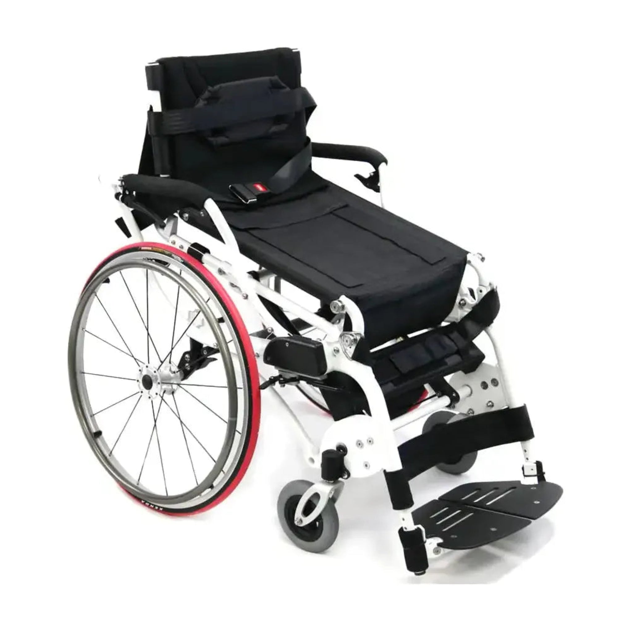 Karman XO-55 Horizon lightweight manual standing wheelchair displayed in partial recline position with ergonomic support cushions, standing assist frame, and active mobility wheel configuration for everyday independence.