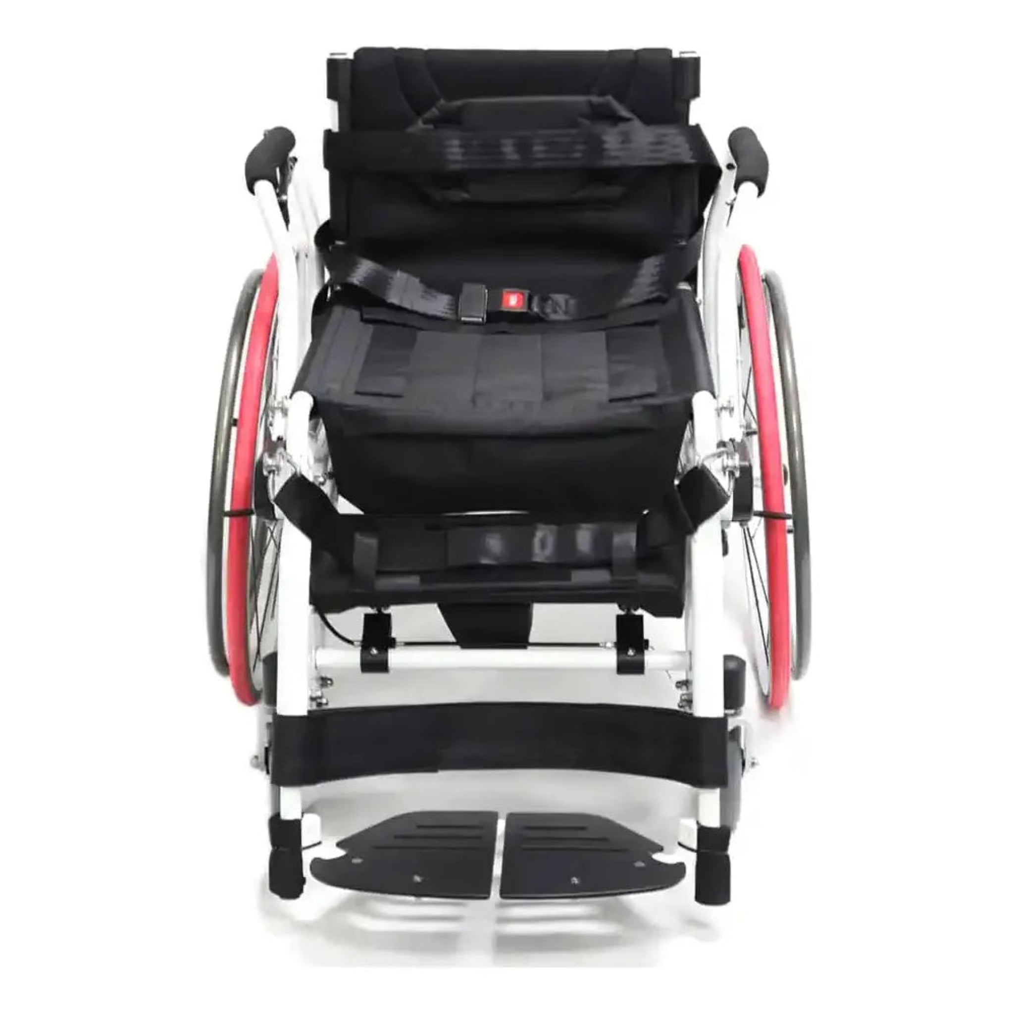 Front-facing view of the Karman XO-55 Horizon manual standing wheelchair featuring chest support harness, positioning straps, ergonomic seating system, and lightweight active mobility frame for standing rehabilitation and everyday use.