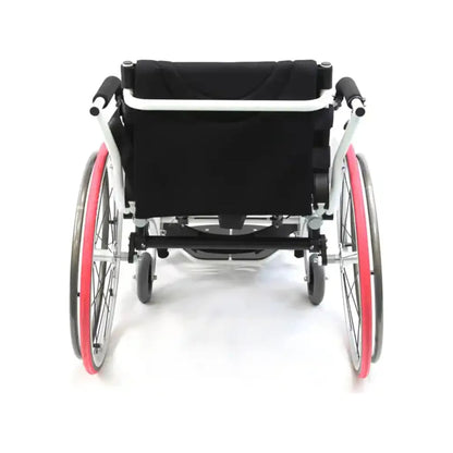 Rear view of the Karman XO-55 Horizon manual standing wheelchair featuring lightweight performance wheels, ergonomic push handles, and a compact standing mobility frame designed for active daily use.