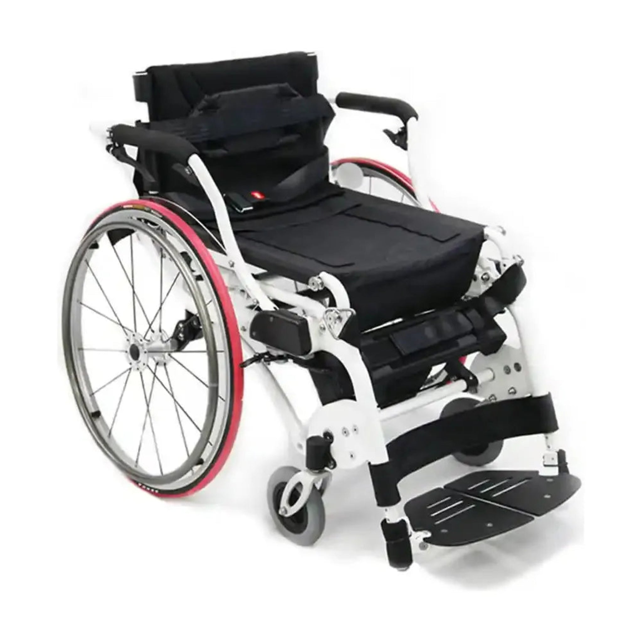 Karman XO-55 Horizon manual standing wheelchair shown in seated driving position with lightweight frame, ergonomic support system, quick-release wheels, and standing assist functionality for active daily mobility.