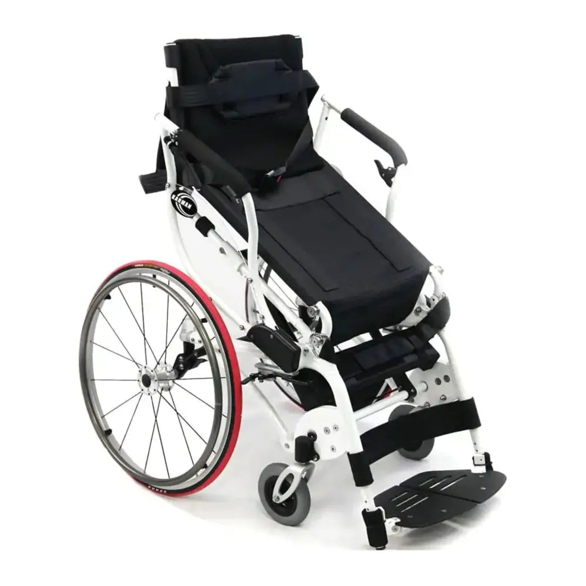 Karman XO-55 Horizon manual standing wheelchair shown in intermediate recline-to-stand transition position with supportive harness system, elevating frame, and lightweight active mobility design.