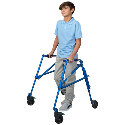 Teen boy walking upright inside a blue Klip posterior walker with height-adjustable handles
