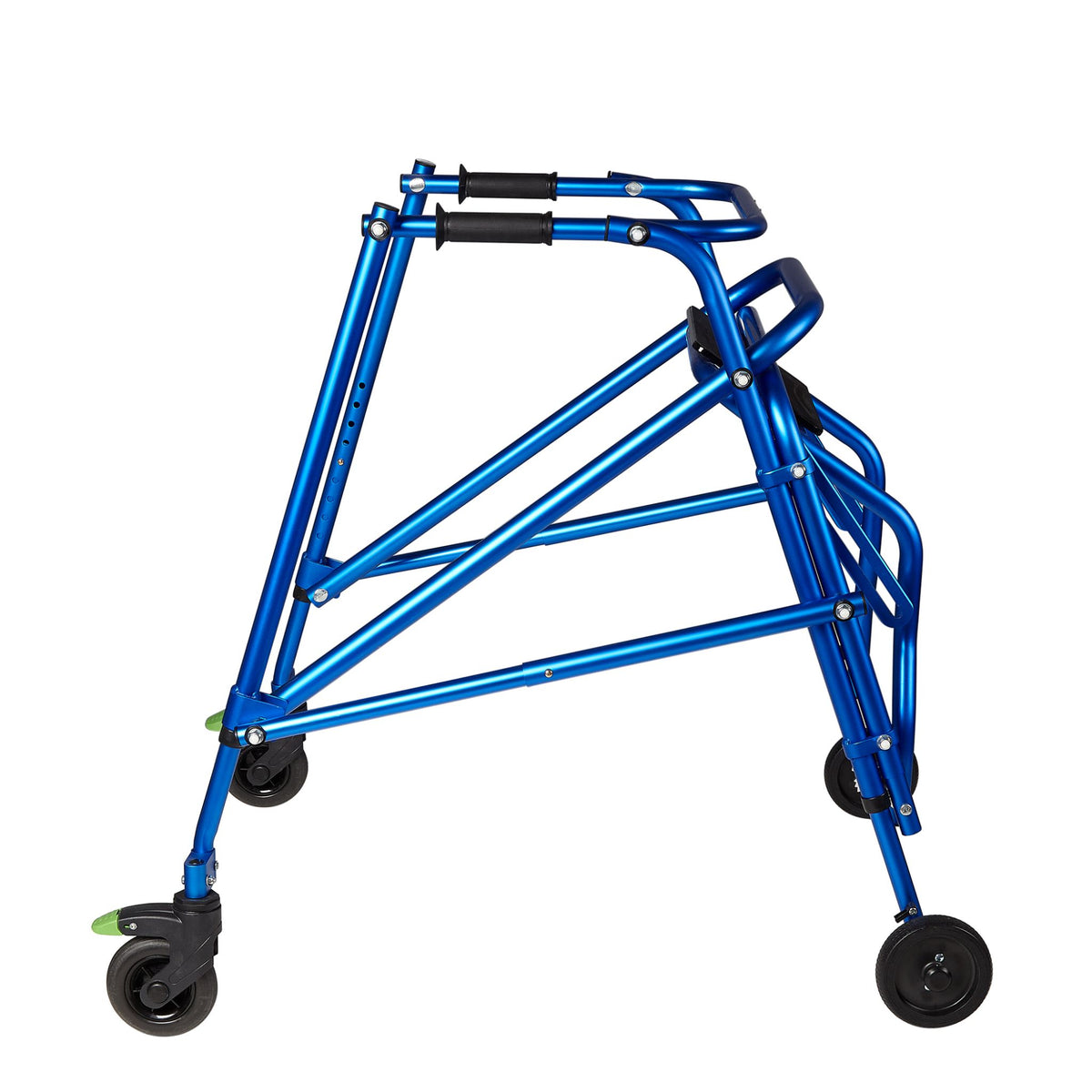 Side view of a blue Klip posterior walker showing the height-adjustable frame and rear wheels