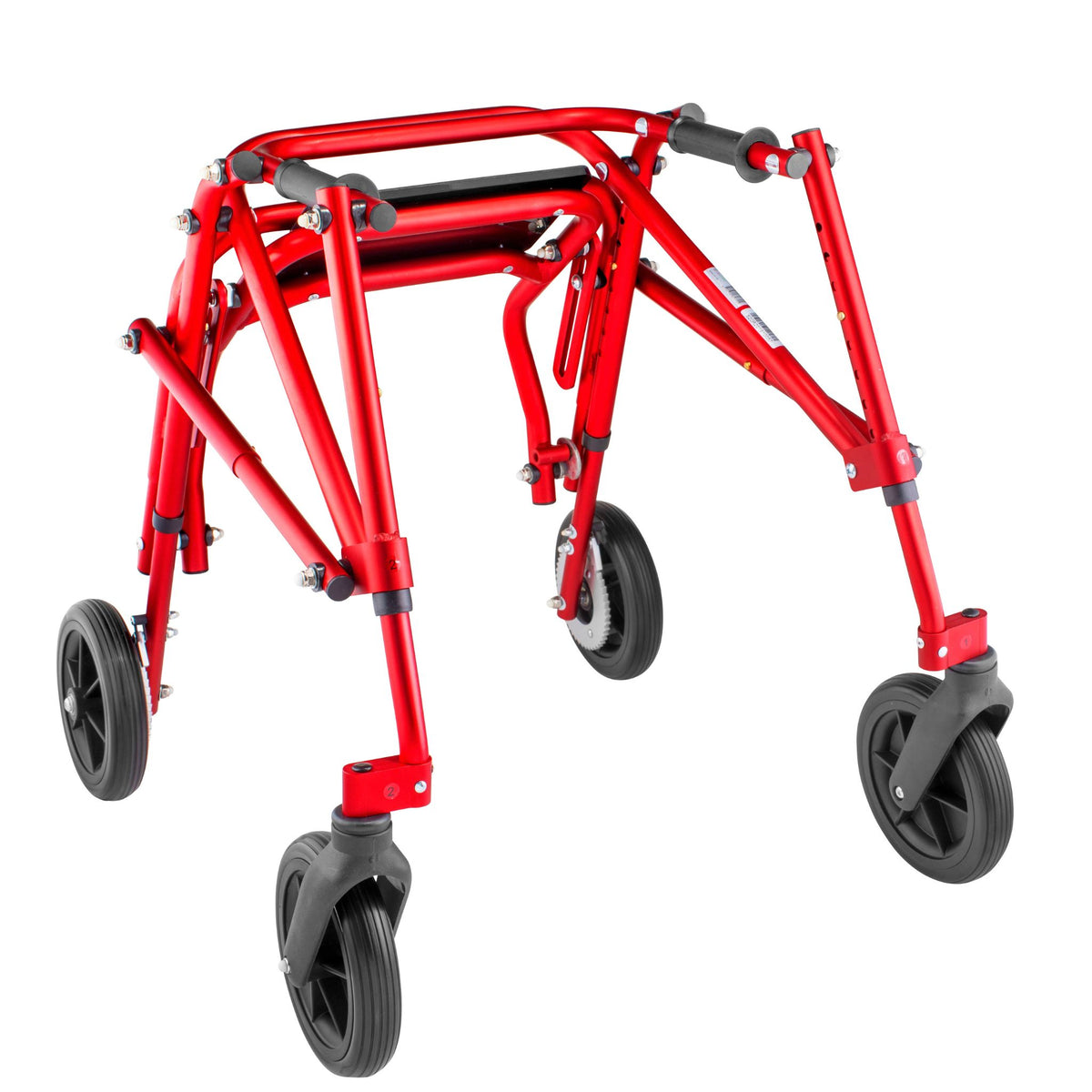 Red Klip posterior walker with flip-up seat and large 8 inch front swivel wheels