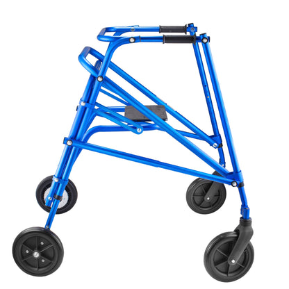 Side view of a blue Klip posterior walker with flip-up seat, large 8 inch front swivel wheels and one-directional rear wheels