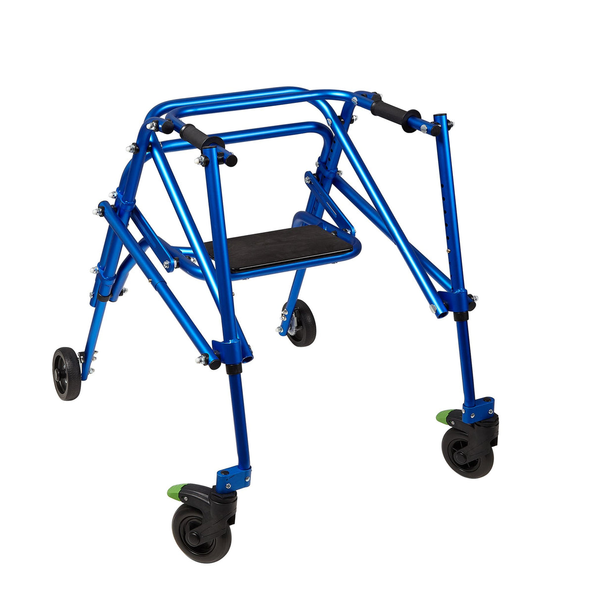Blue Klip posterior walker with flip-up seat and front swivel wheels