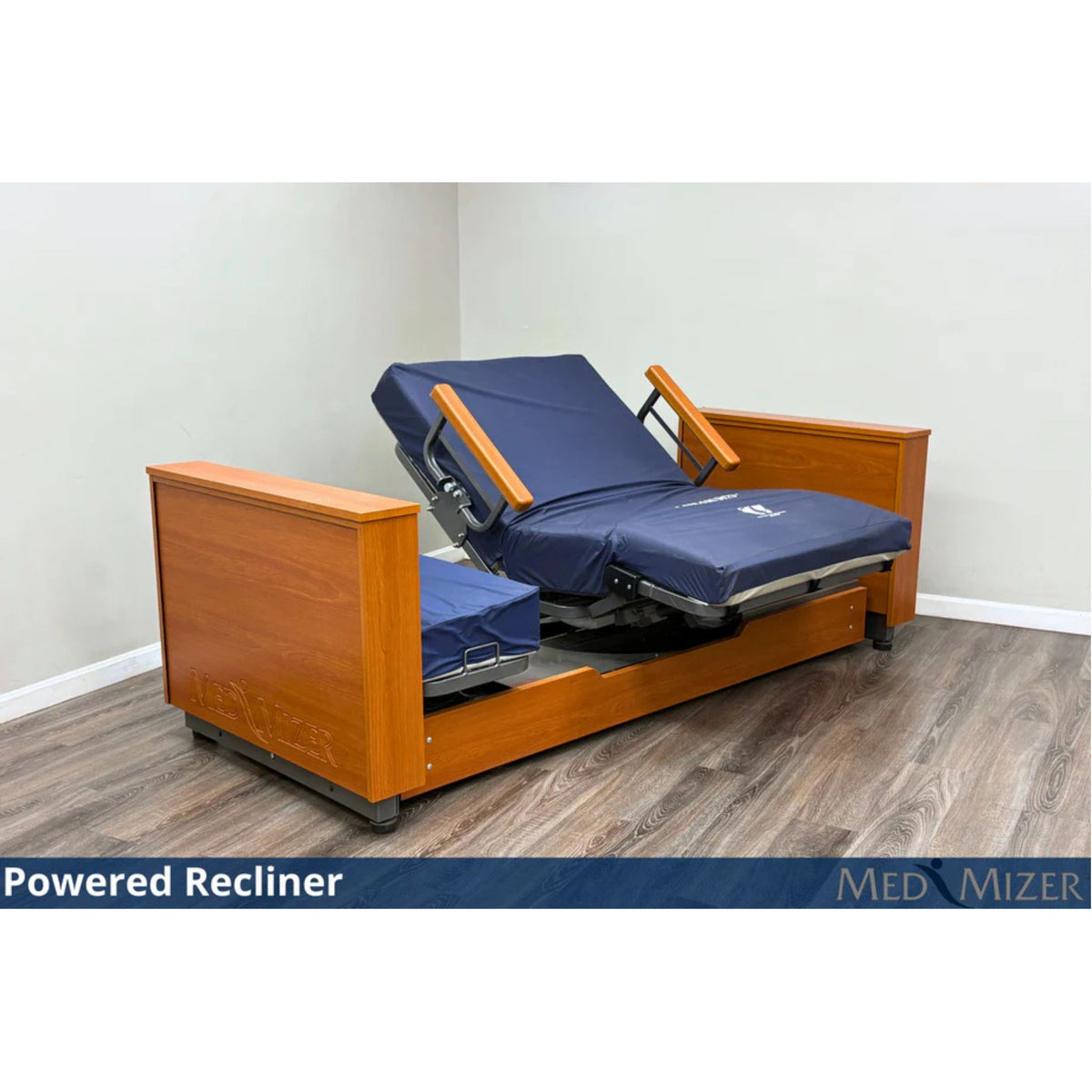 Med-Mizer ActiveCare Deluxe rotating pivot bed reclined into a powered recliner chair position with wood arms