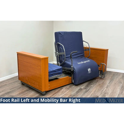 Med-Mizer ActiveCare Deluxe bed rotated to a chair with a foot rail and mobility bar for safer transfers