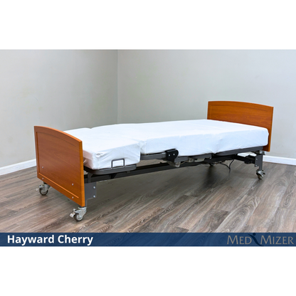 Med-Mizer ActiveCare Fixed rotating bed with Hayward Cherry headboard and footboard, white mattress, on casters