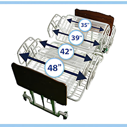 Infographic showing the Med-Mizer ComfortWide bed expanding in width from 35 to 39, 42, and 48 inches