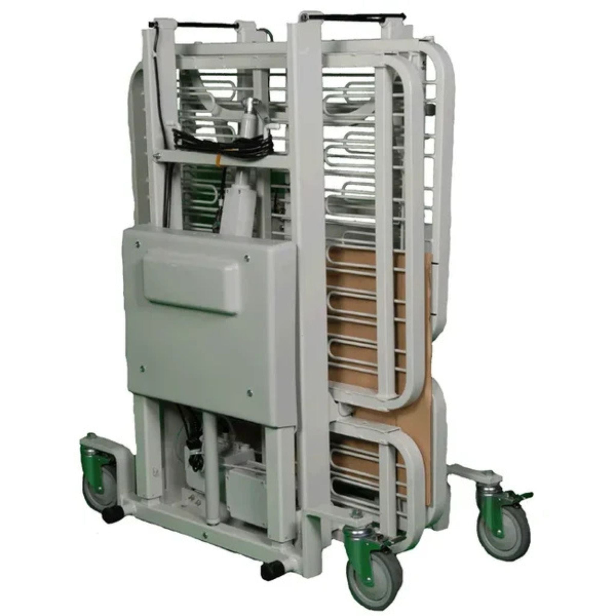 Med-Mizer ComfortWide bed folded upright on casters for compact transport and storage