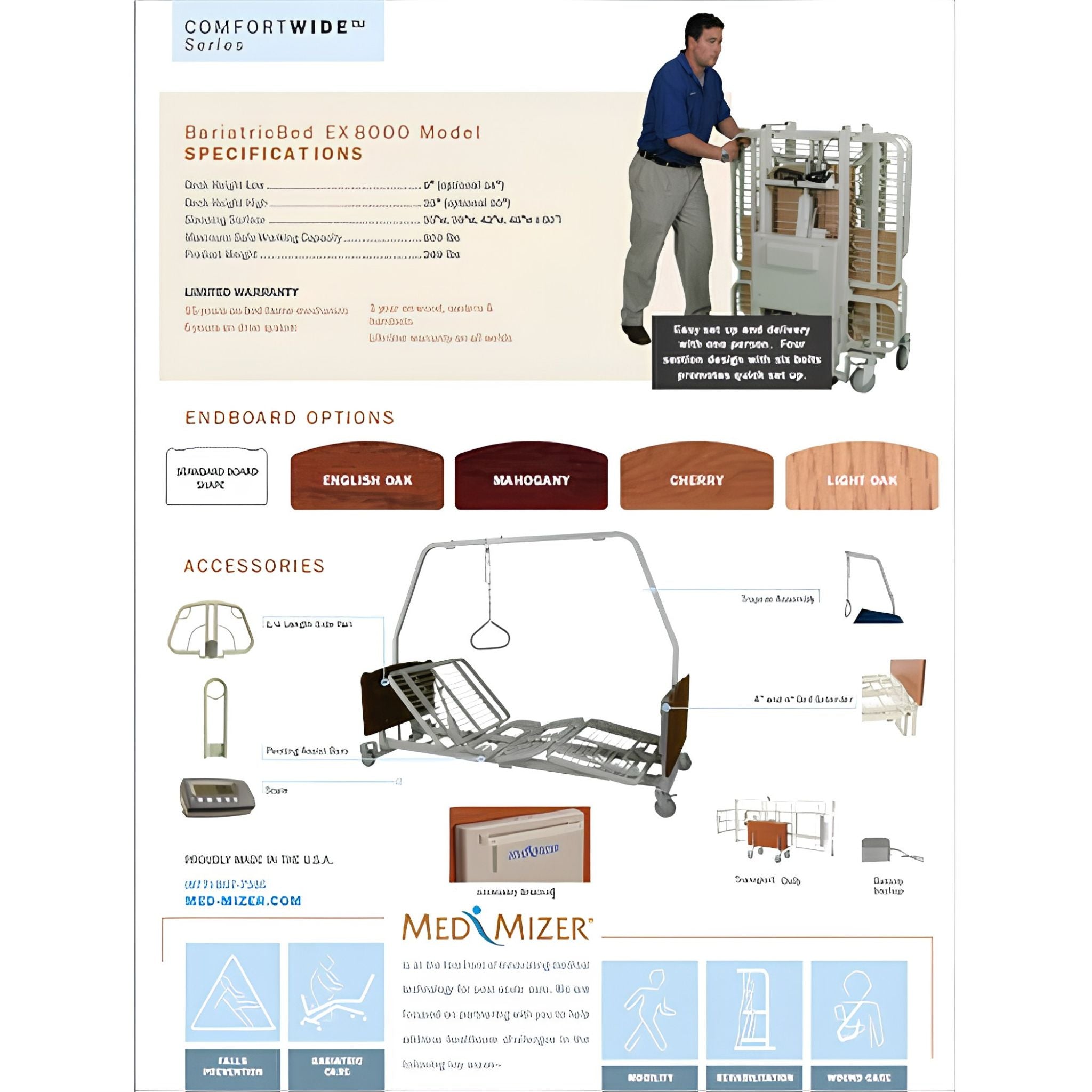Med-Mizer ComfortWide EX8000 specification sheet with endboard color options and accessory options
