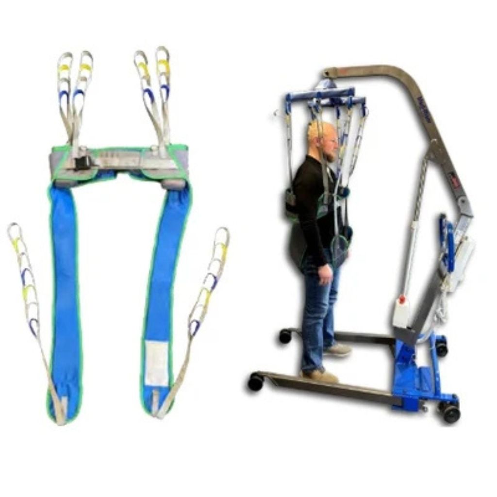 MedMizer Med-Riser ambulatory sling shown flat and supporting a standing patient during gait training on the lift