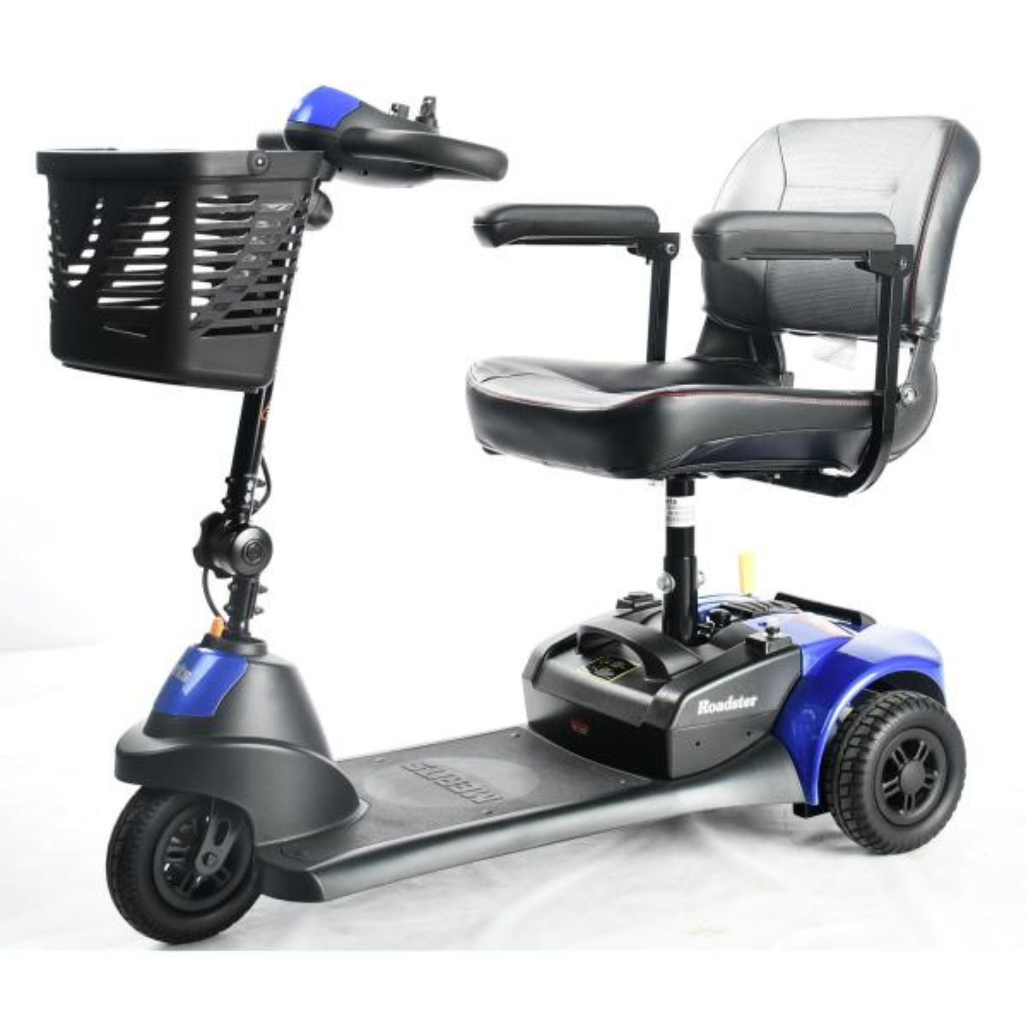 Blue Merits Roadster 3 travel mobility scooter featuring an adjustable seat, front basket, and compact 3-wheel design.