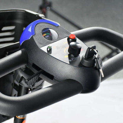 Close-up of the Merits Roadster 3 ergonomic delta tiller with battery indicator, speed control, ignition key, and easy-to-use driving controls.
