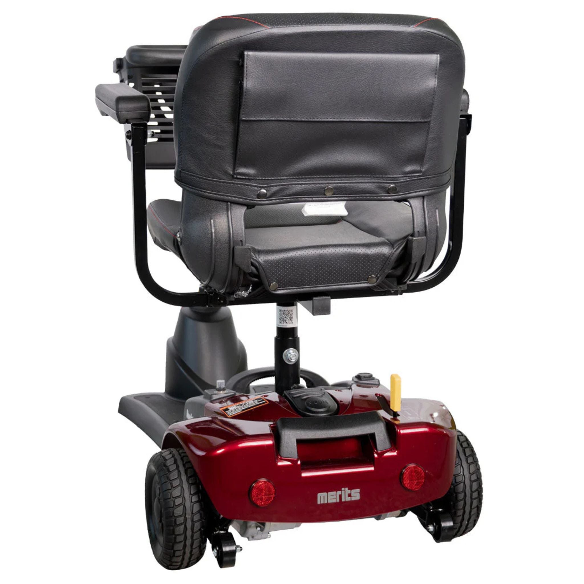 Rear view of the Merits Roadster 3 showing padded seat, rear reflectors, anti-tip wheels, and compact design.