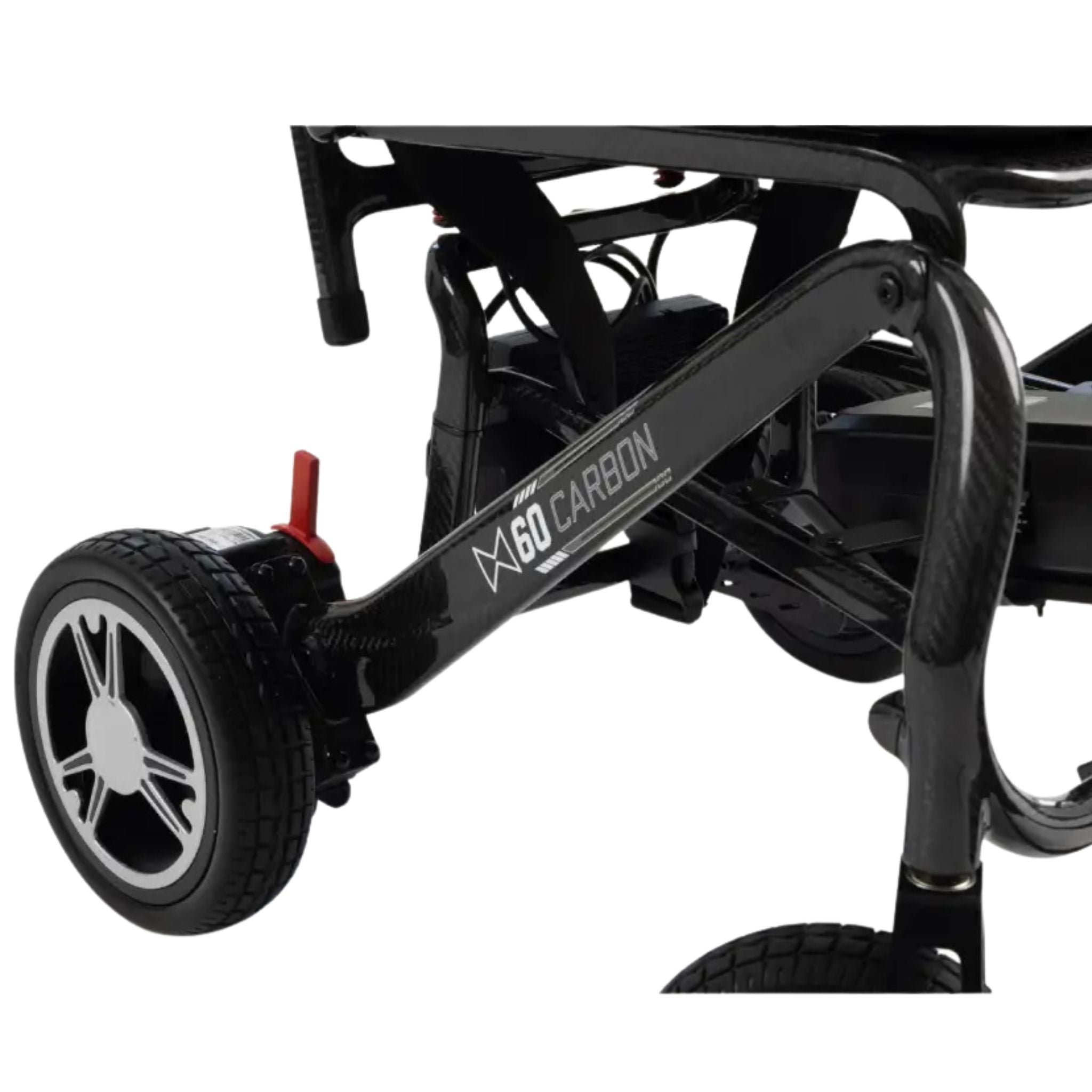 Close-up of the glossy MM60 Carbon fiber frame with branding, rear drive wheel, and red freewheel lever
