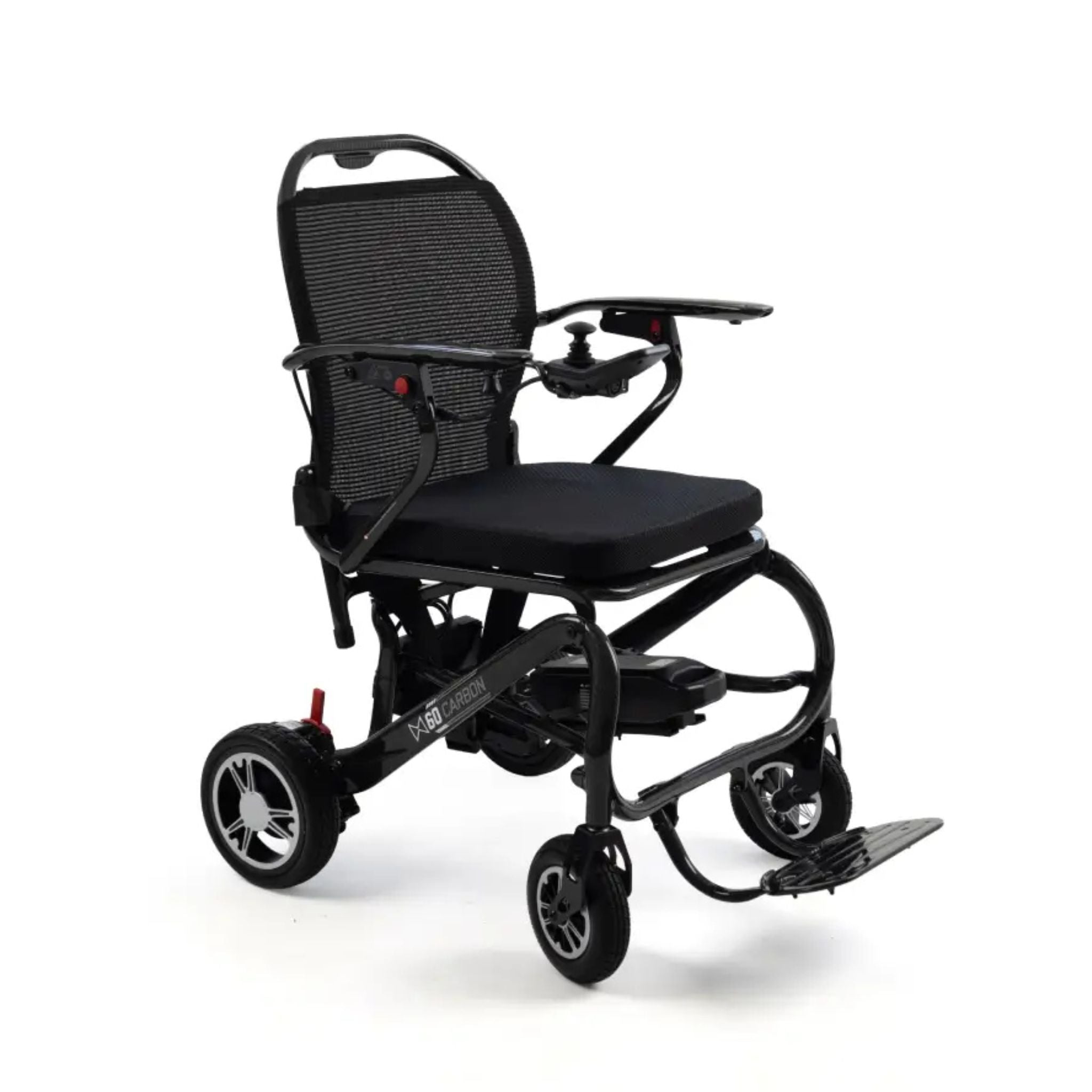Front three-quarter view of the black Monarch MM60 Carbon folding power wheelchair with joystick