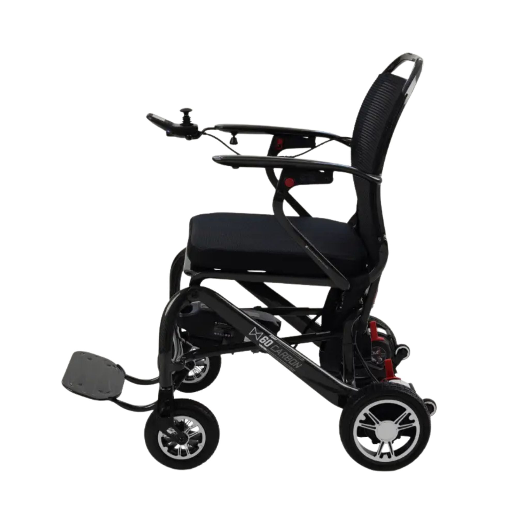 Side profile of the Monarch MM60 Carbon folding power wheelchair showing seat, joystick, and wheels