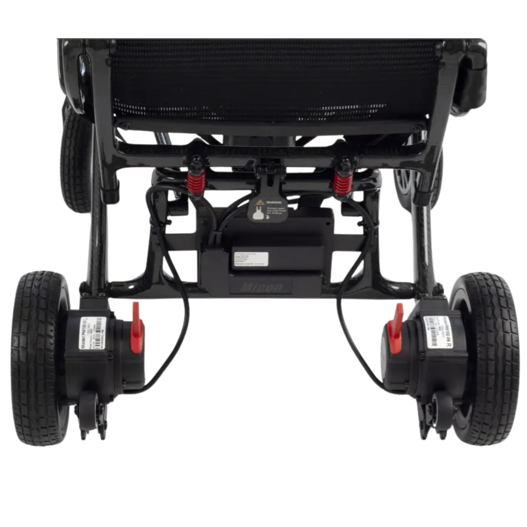 Close-up of the MM60 Carbon carbon fiber frame, rear drive wheel, and red anti-tip lever