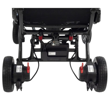 Close-up of the MM60 Carbon carbon fiber frame, rear drive wheel, and red anti-tip lever